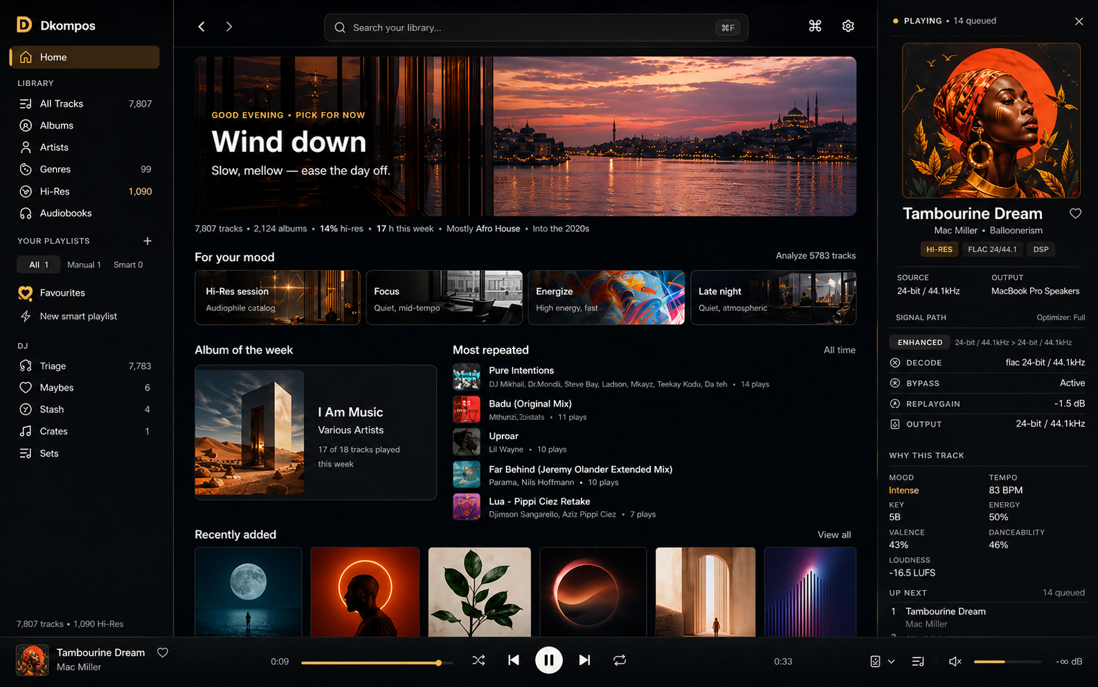 Dkompos home view: sidebar with library and DJ navigation, hero pick, mood tiles, album of the week, recently added grid, and a full now-playing rail showing Mac Miller's Tambourine Dream with hi-res FLAC 24/44.1 signal path readout.