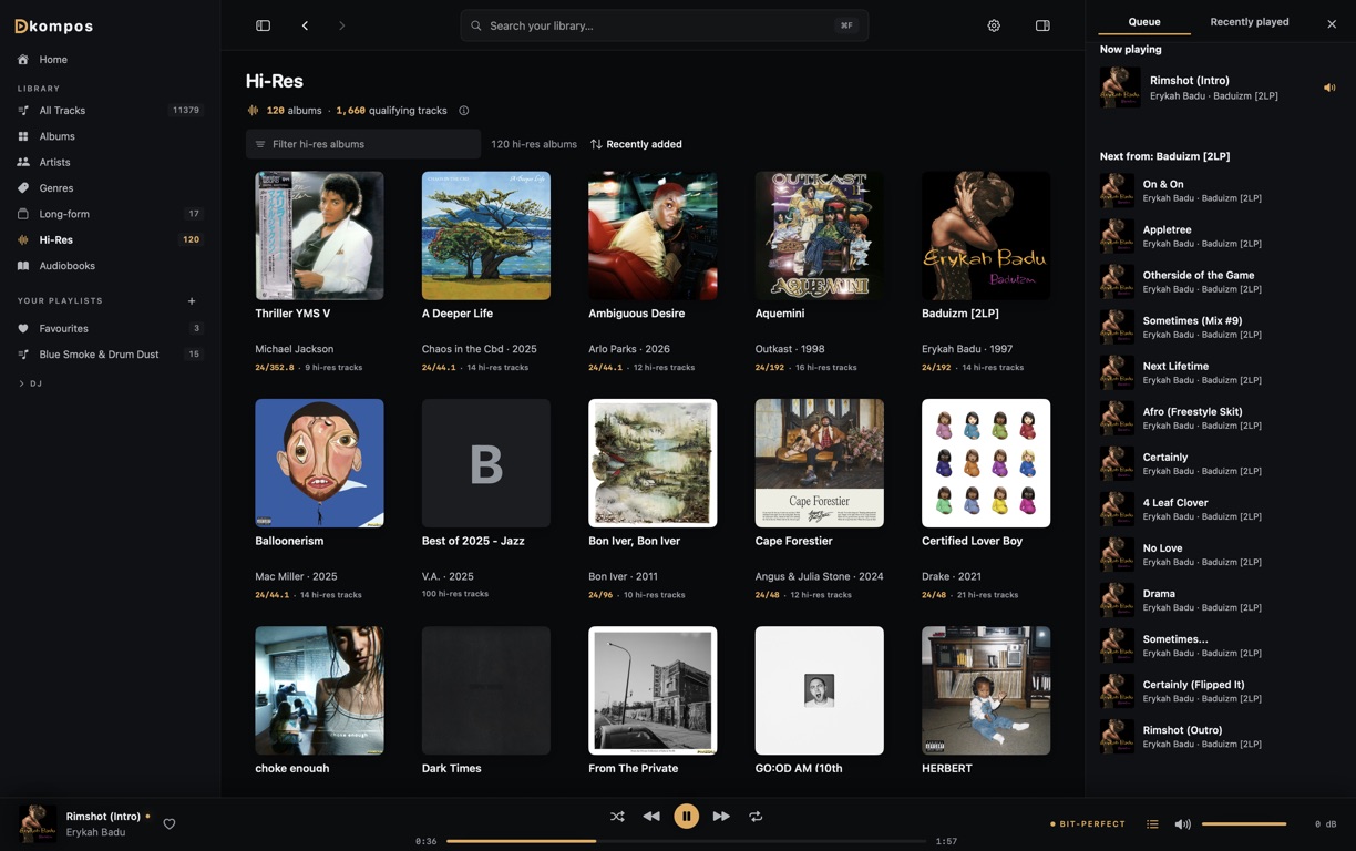 Dkompos Hi-Res library showing local albums with source resolution, track counts, queue, and global playback controls.