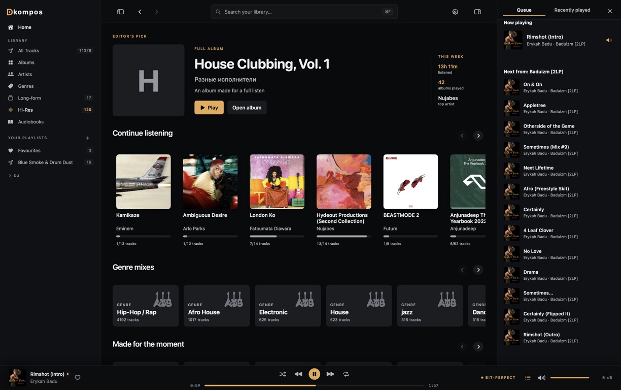 Dkompos Home showing the local music library, album shelves, queue, and global player.